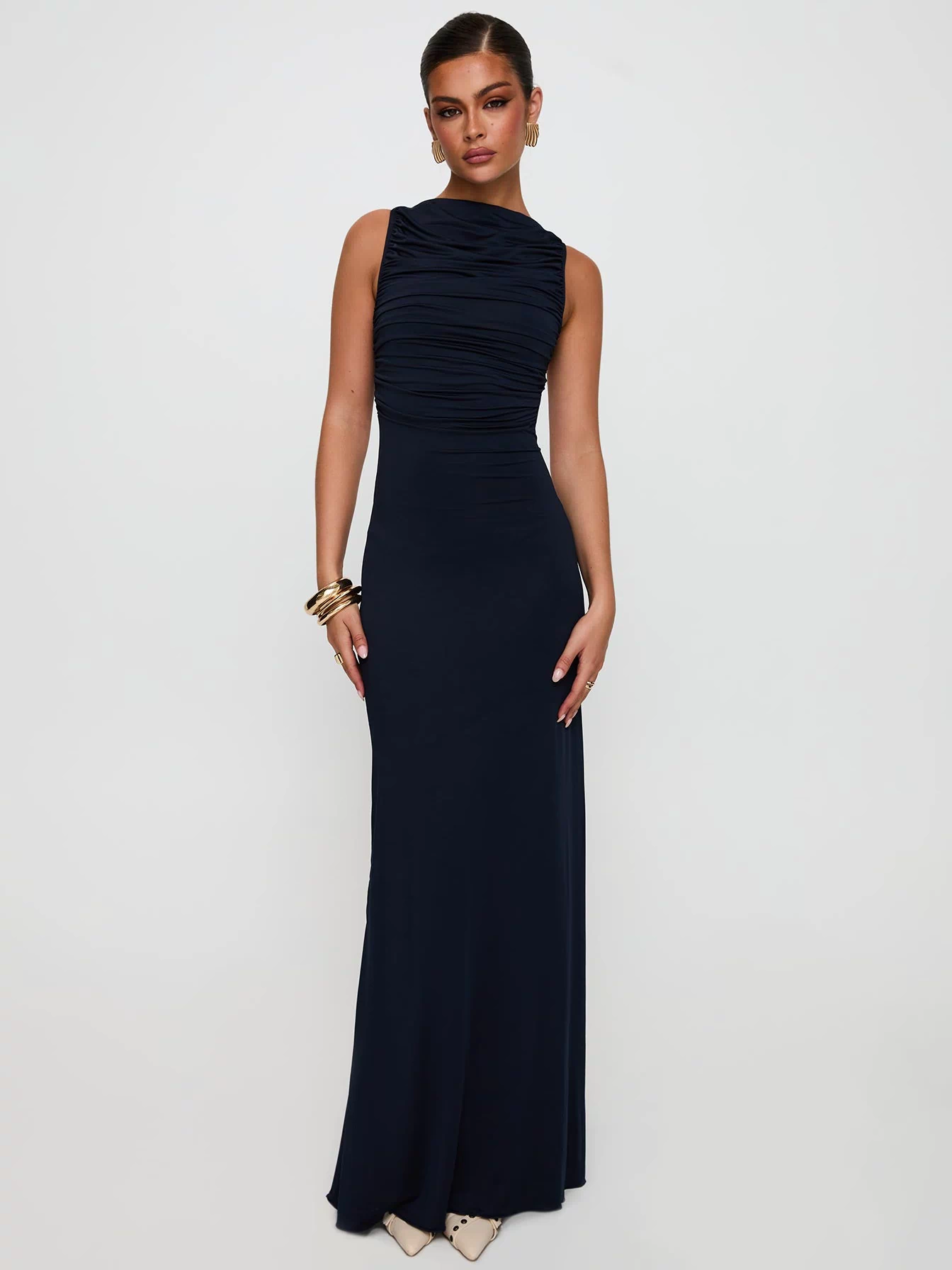 front view of model wearing Princess Polly Undeniable Cut Out Maxi Dress Navy High Neck 