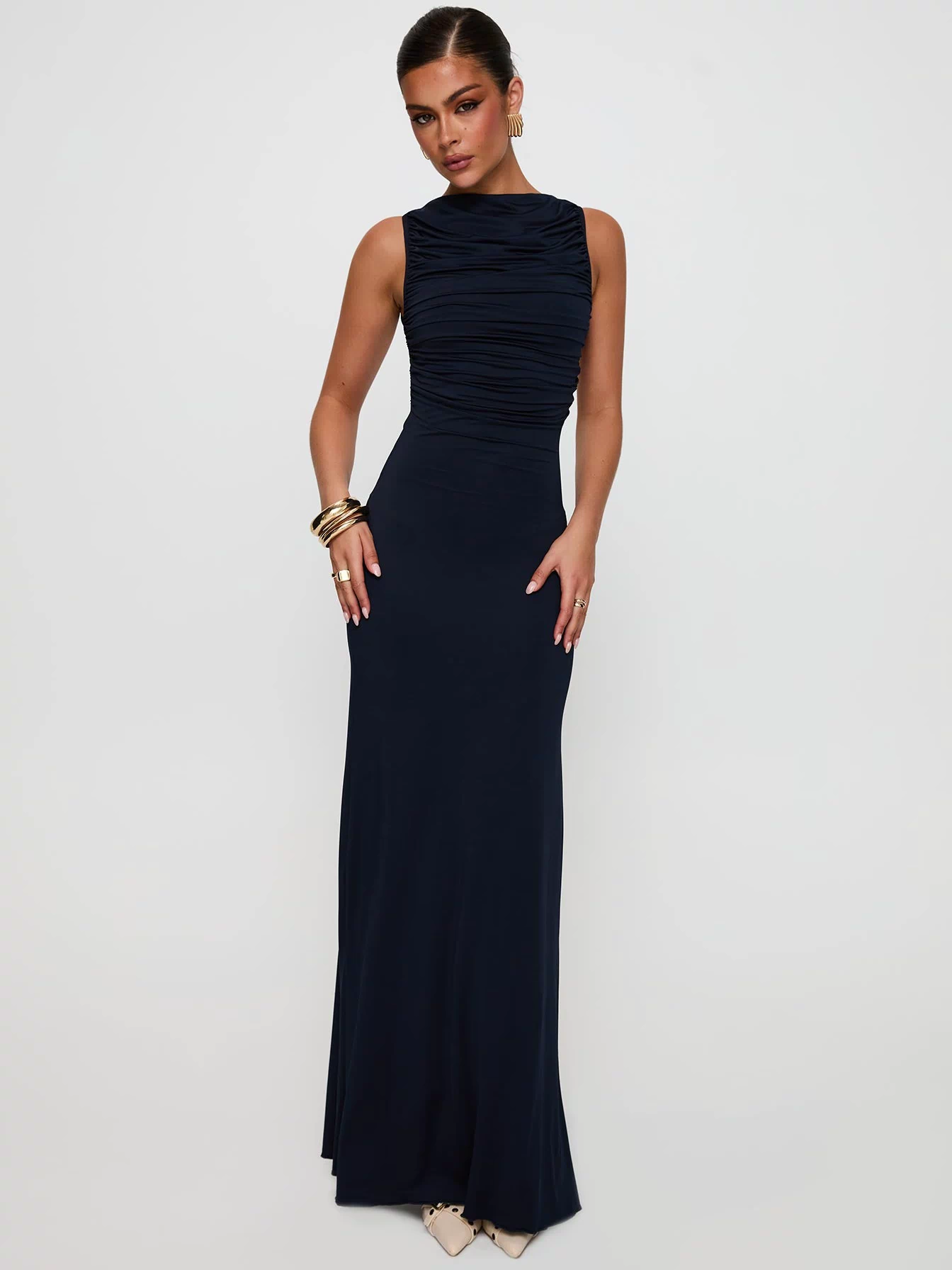 front view of model wearing Princess Polly Undeniable Cut Out Maxi Dress Navy High Neck 