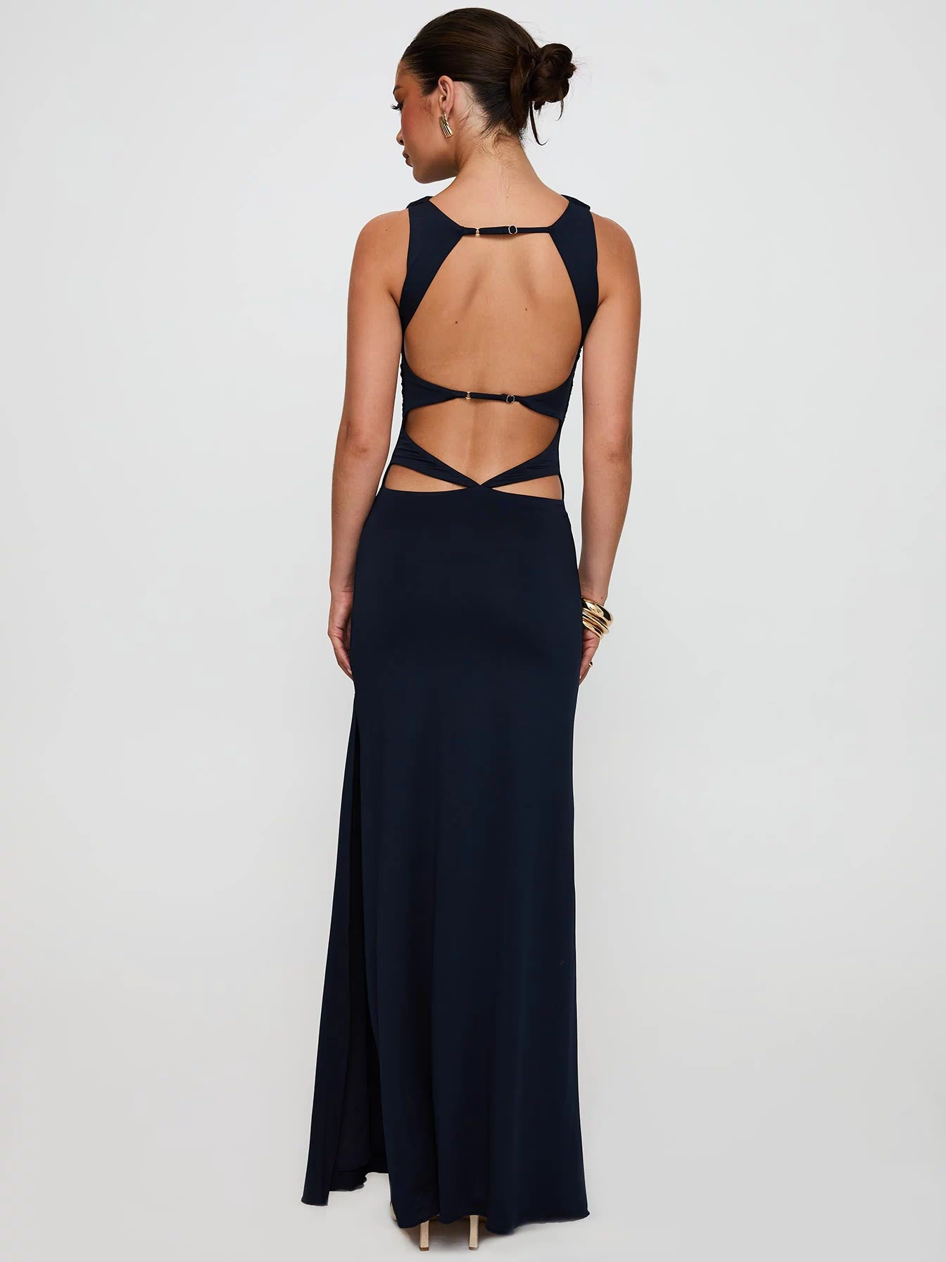 back view of model wearing Princess Polly Undeniable Cut Out Maxi Dress Navy High Neck 