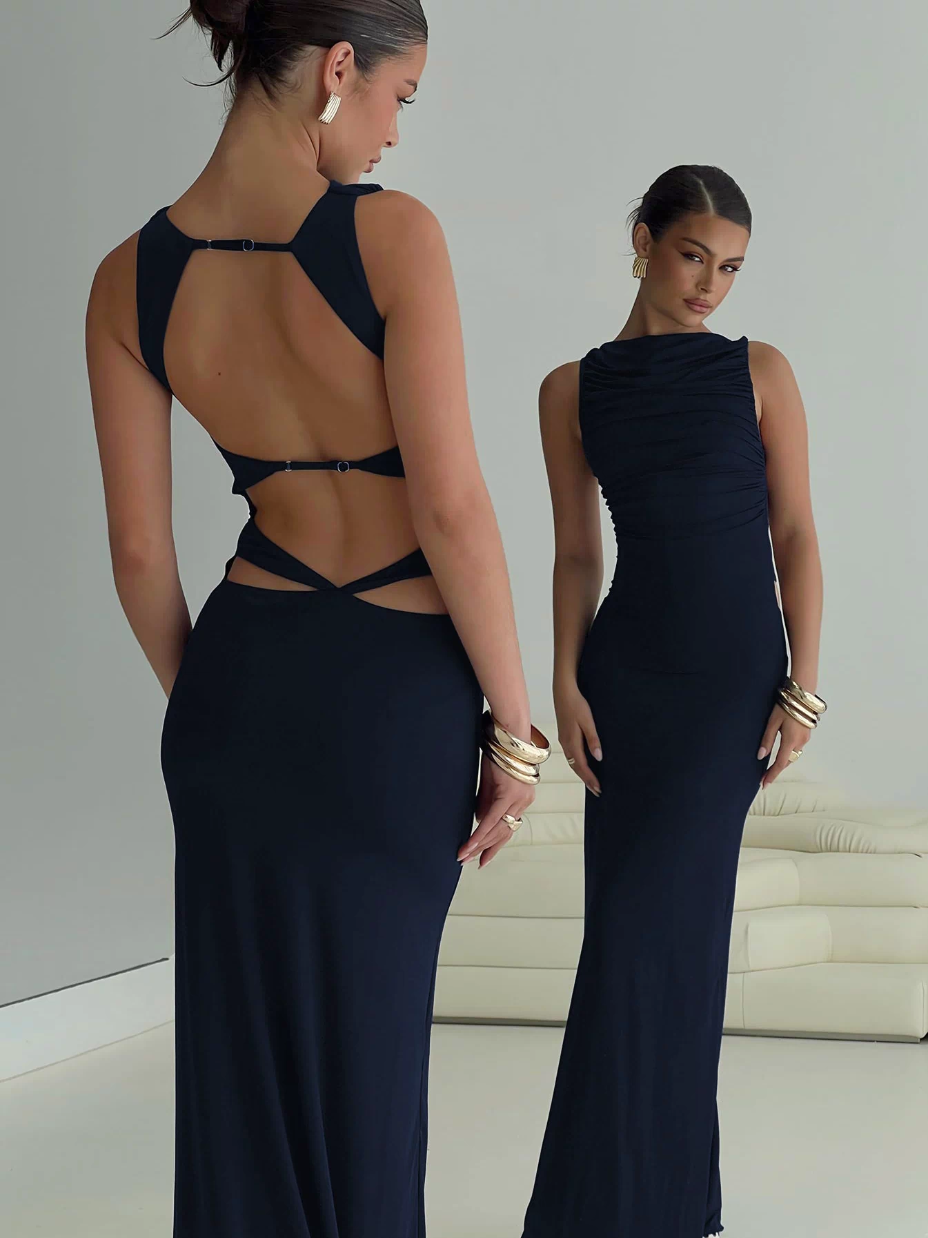 back view of model wearing Princess Polly Undeniable Cut Out Maxi Dress Navy High Neck 
