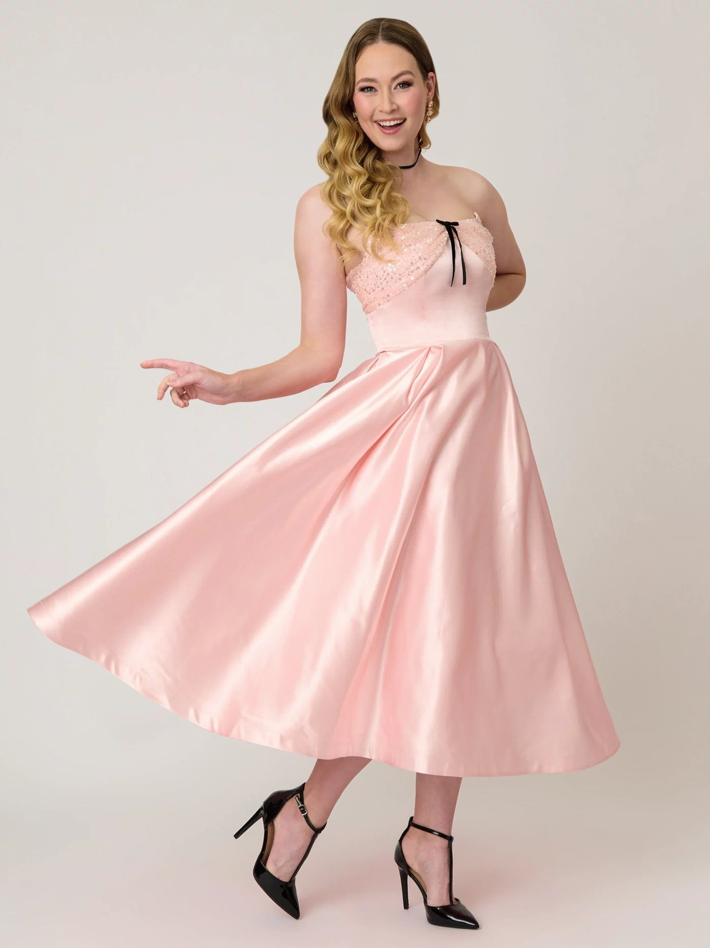 Unique Vintage Light Pink Satin Strapless Corset Tea Length Gown