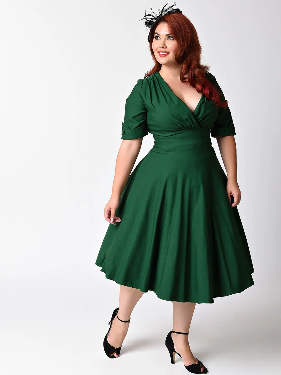 Unique Vintage Plus Size Emerald Green Delores Swing Dress with Sleeves