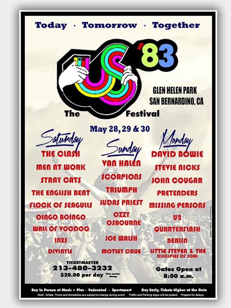 Us Festival with Inxs & Van Halen & David Bowie & Us (1983) - Concert Poster - 13 x 19 inches