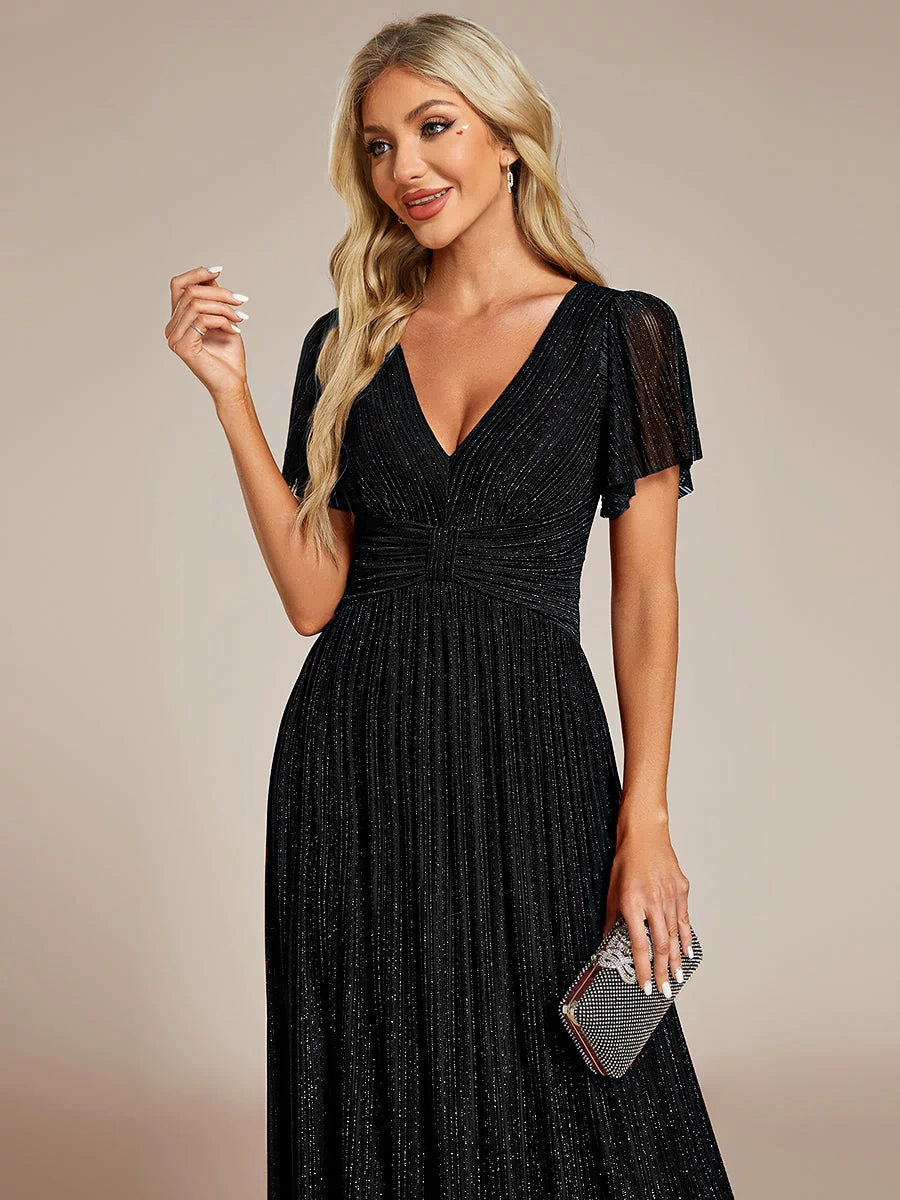 V-Neck Glittery Short Sleeves Formal Evening Dress with Empire Waist #color_Black
