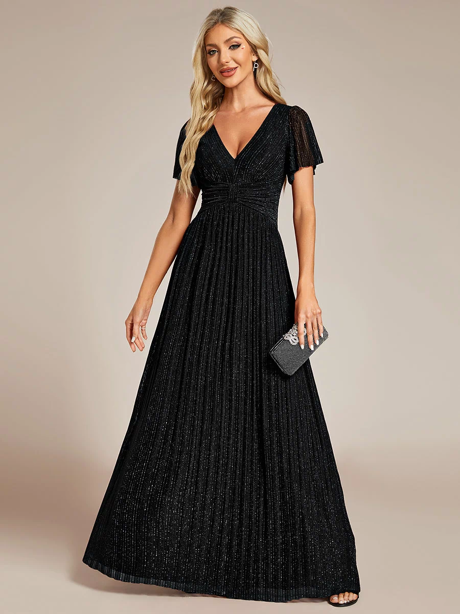 V-Neck Glittery Short Sleeves Formal Evening Dress with Empire Waist #color_Black