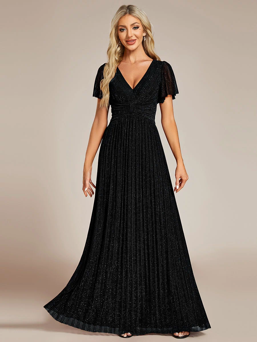 V-Neck Glittery Short Sleeves Formal Evening Dress with Empire Waist #color_Black