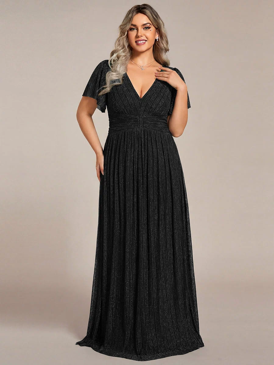 V-Neck Glittery Short Sleeves Formal Evening Dress with Empire Waist #color_Black