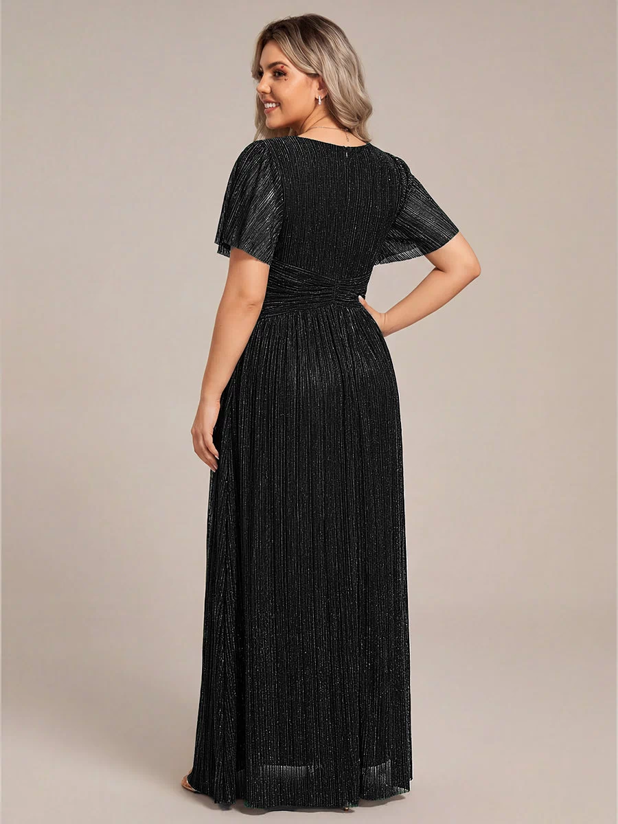 V-Neck Glittery Short Sleeves Formal Evening Dress with Empire Waist #color_Black