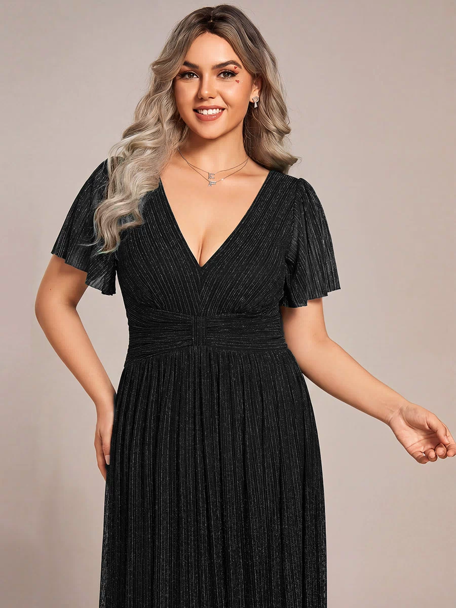 V-Neck Glittery Short Sleeves Formal Evening Dress with Empire Waist #color_Black