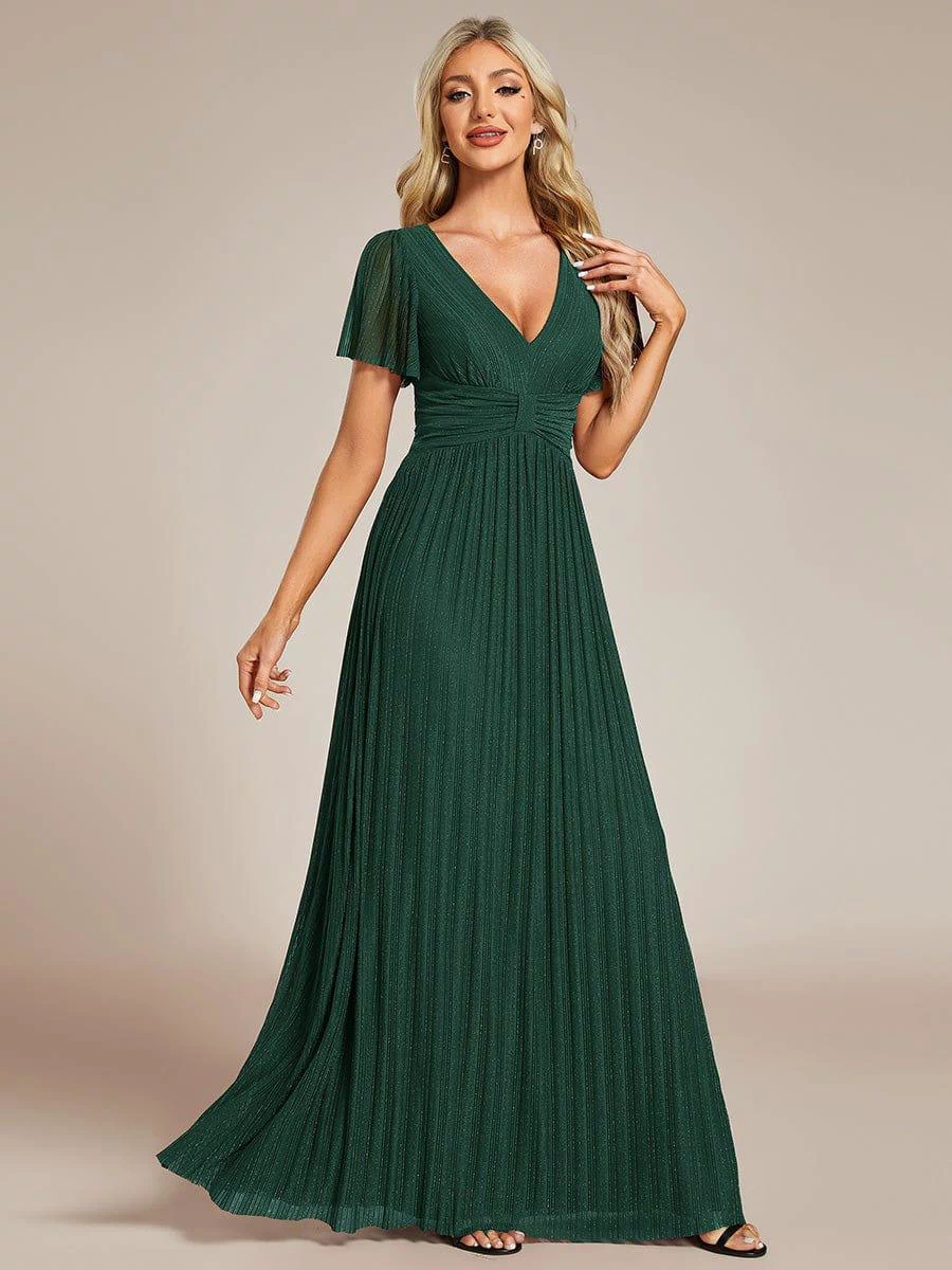 V-Neck Glittery Short Sleeves Formal Evening Dress with Empire Waist #color_Dark Green