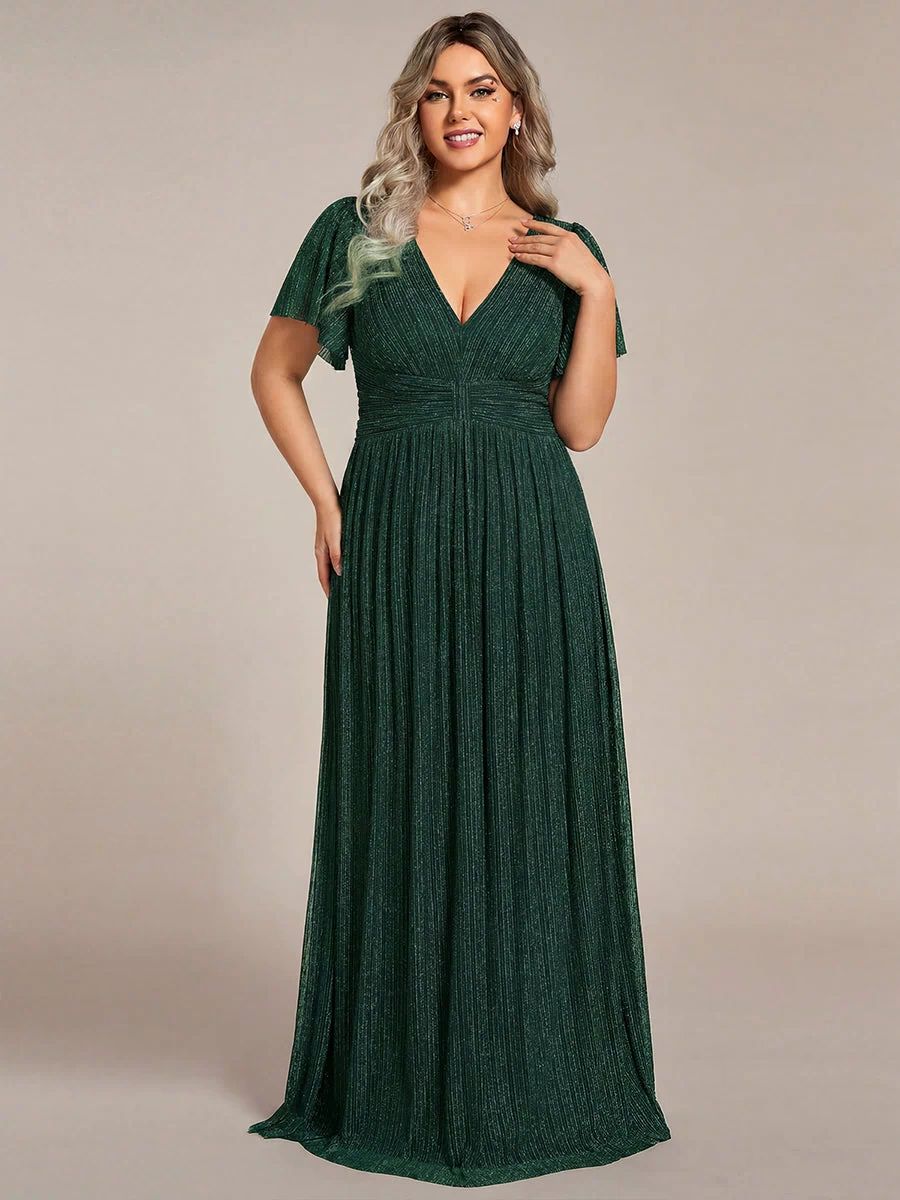 V-Neck Glittery Short Sleeves Formal Evening Dress with Empire Waist #color_Dark Green