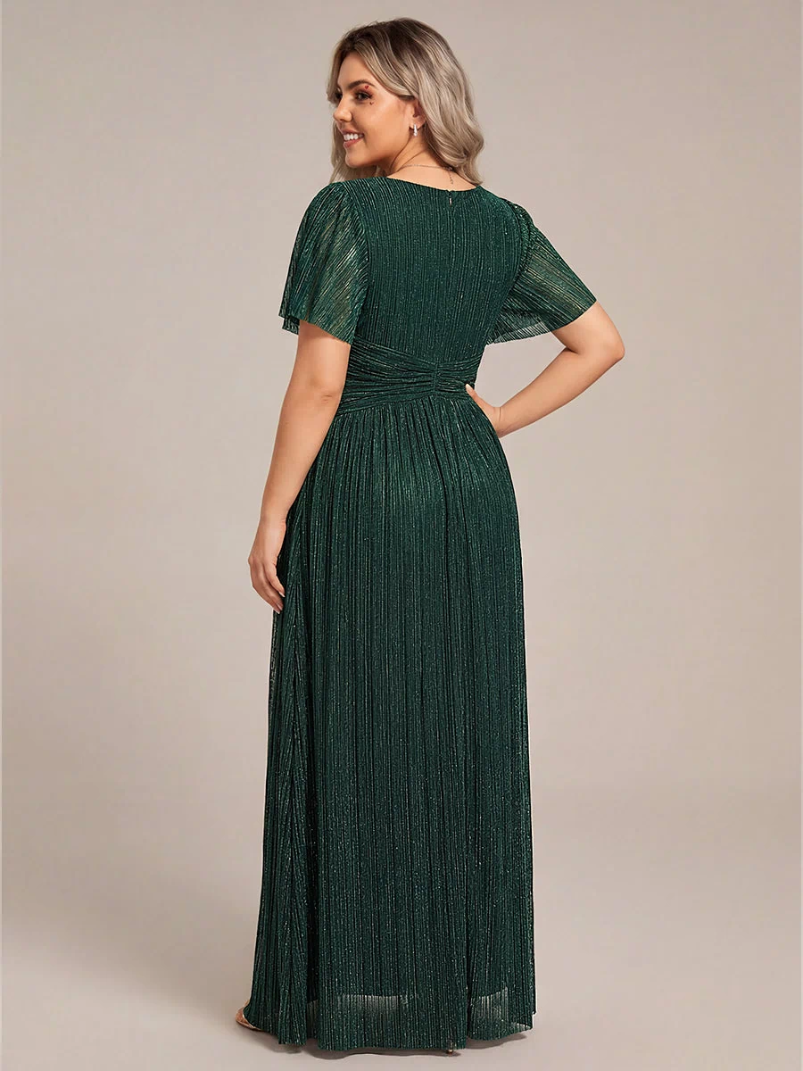 V-Neck Glittery Short Sleeves Formal Evening Dress with Empire Waist #color_Dark Green