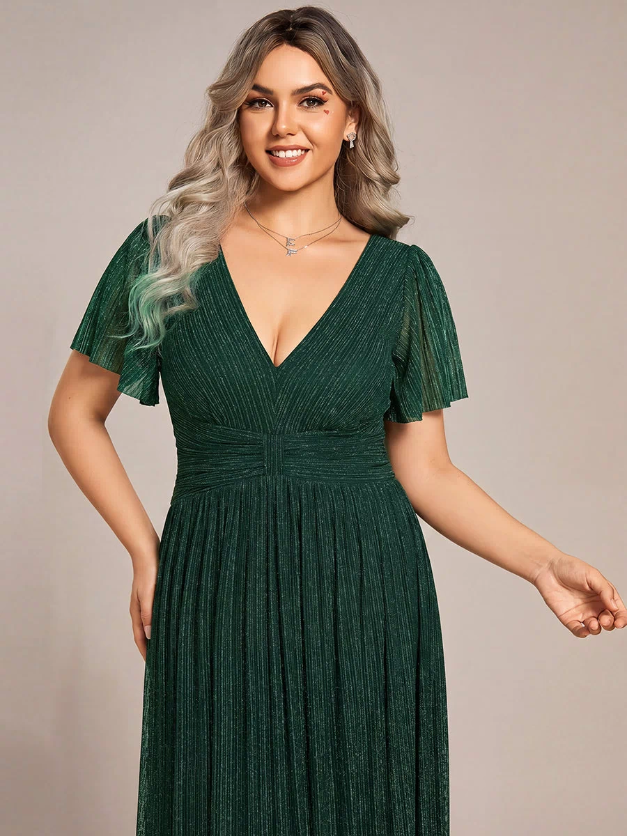 V-Neck Glittery Short Sleeves Formal Evening Dress with Empire Waist #color_Dark Green