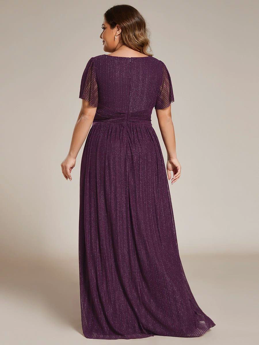 V-Neck Glittery Short Sleeves Formal Evening Dress with Empire Waist #color_Purple Wisteria
