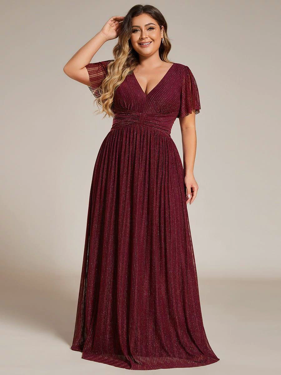 Plus Size V-Neck Glittery Short Sleeves Formal Evening Dress with Empire Waist #color_Burgundy