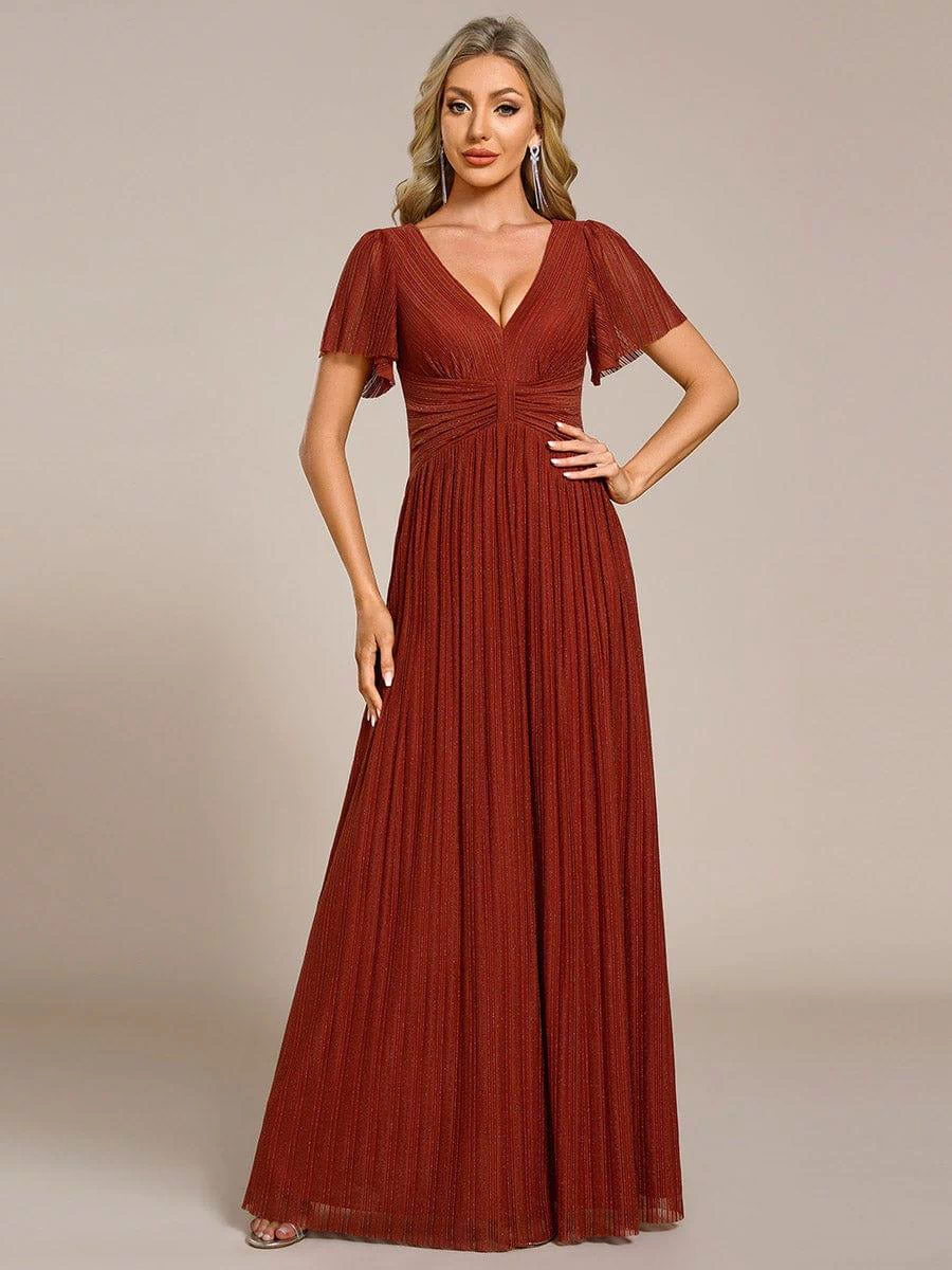 V-Neck Glittery Short Sleeves Formal Evening Dress with Empire Waist #color_Burnt Orange