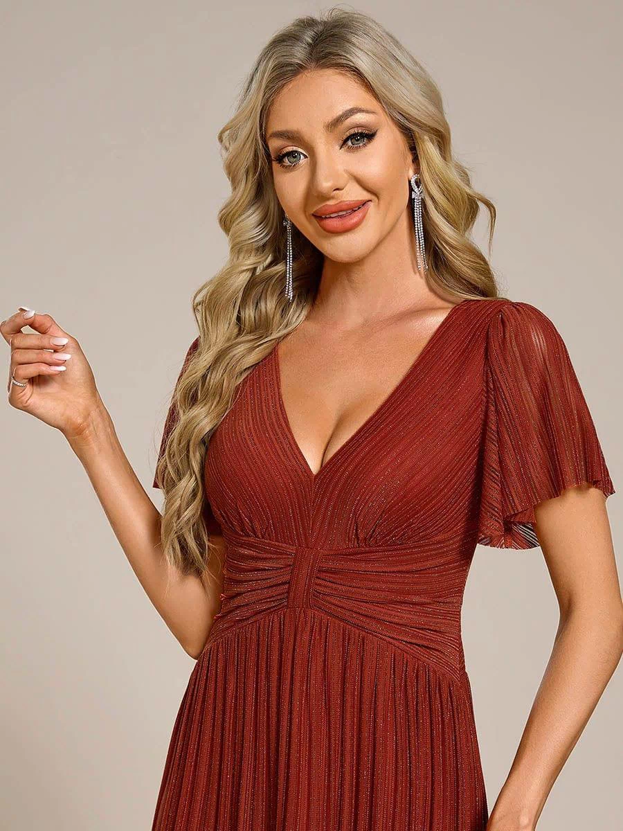 V-Neck Glittery Short Sleeves Formal Evening Dress with Empire Waist #color_Burnt Orange