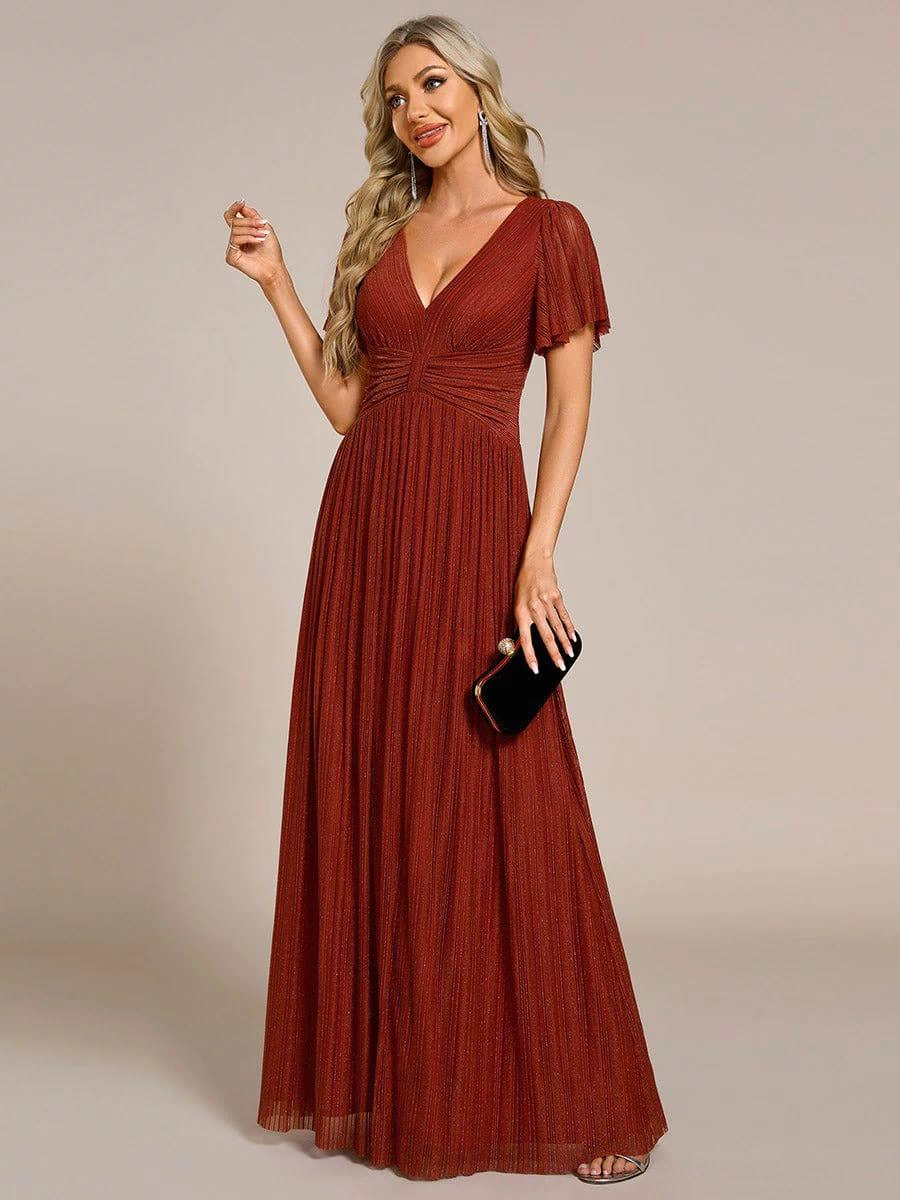 V-Neck Glittery Short Sleeves Formal Evening Dress with Empire Waist #color_Burnt Orange