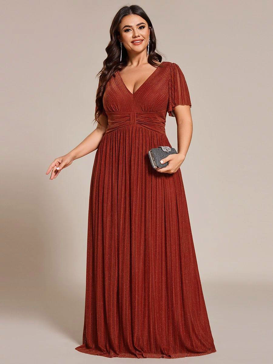 V-Neck Glittery Short Sleeves Formal Evening Dress with Empire Waist #color_Burnt Orange