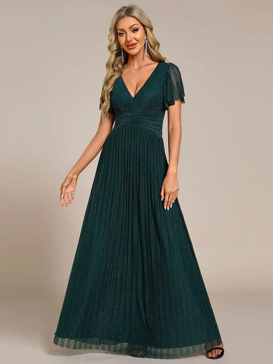 V-Neck Glittery Short Sleeves Formal Evening Dress with Empire Waist #color_Teal