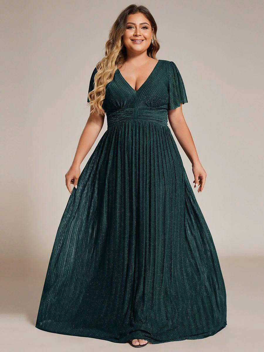 V-Neck Glittery Short Sleeves Formal Evening Dress with Empire Waist #color_Teal