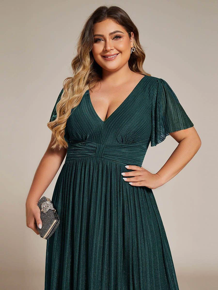 V-Neck Glittery Short Sleeves Formal Evening Dress with Empire Waist #color_Teal