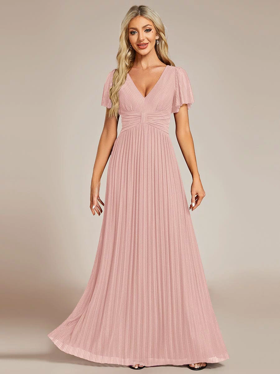 V-Neck Glittery Short Sleeves Formal Evening Dress with Empire Waist #color_Pink