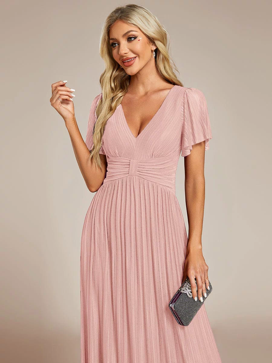 V-Neck Glittery Short Sleeves Formal Evening Dress with Empire Waist #color_Pink