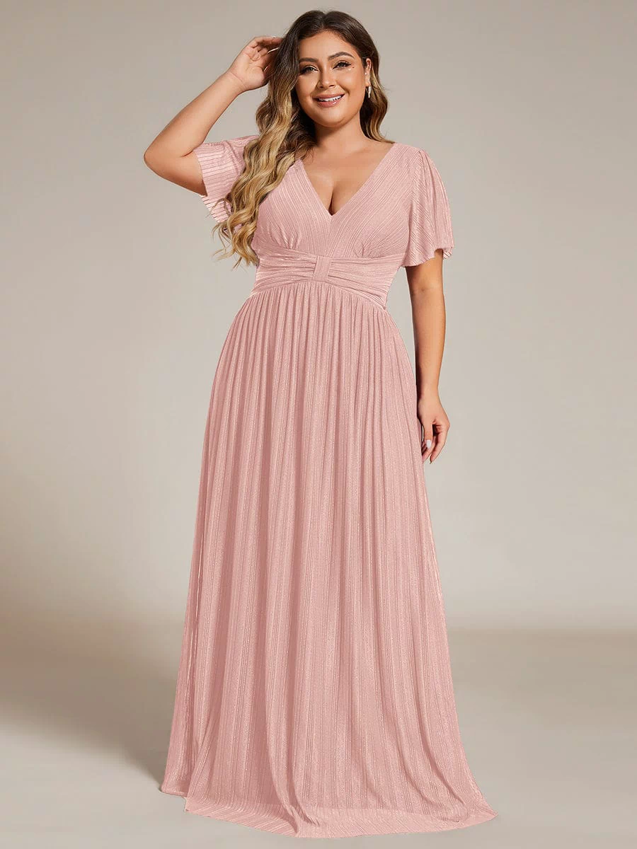 V-Neck Glittery Short Sleeves Formal Evening Dress with Empire Waist #color_Pink
