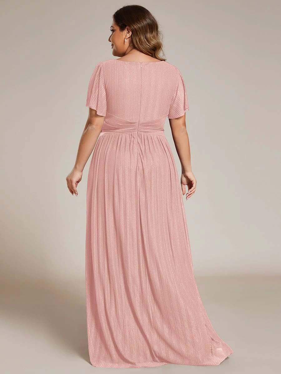 V-Neck Glittery Short Sleeves Formal Evening Dress with Empire Waist #color_Pink