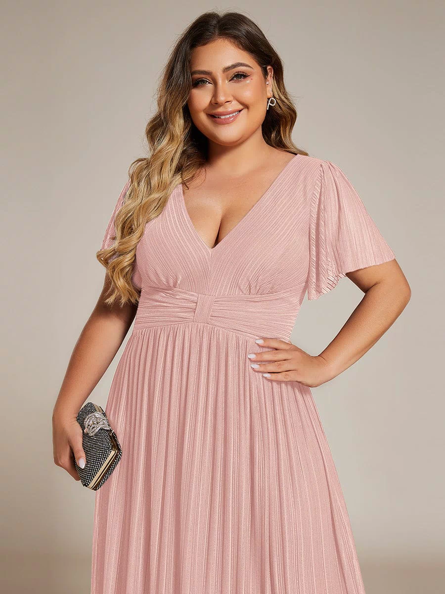 V-Neck Glittery Short Sleeves Formal Evening Dress with Empire Waist #color_Pink