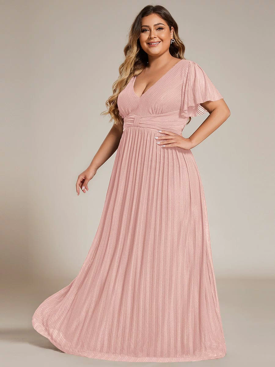 V-Neck Glittery Short Sleeves Formal Evening Dress with Empire Waist #color_Pink