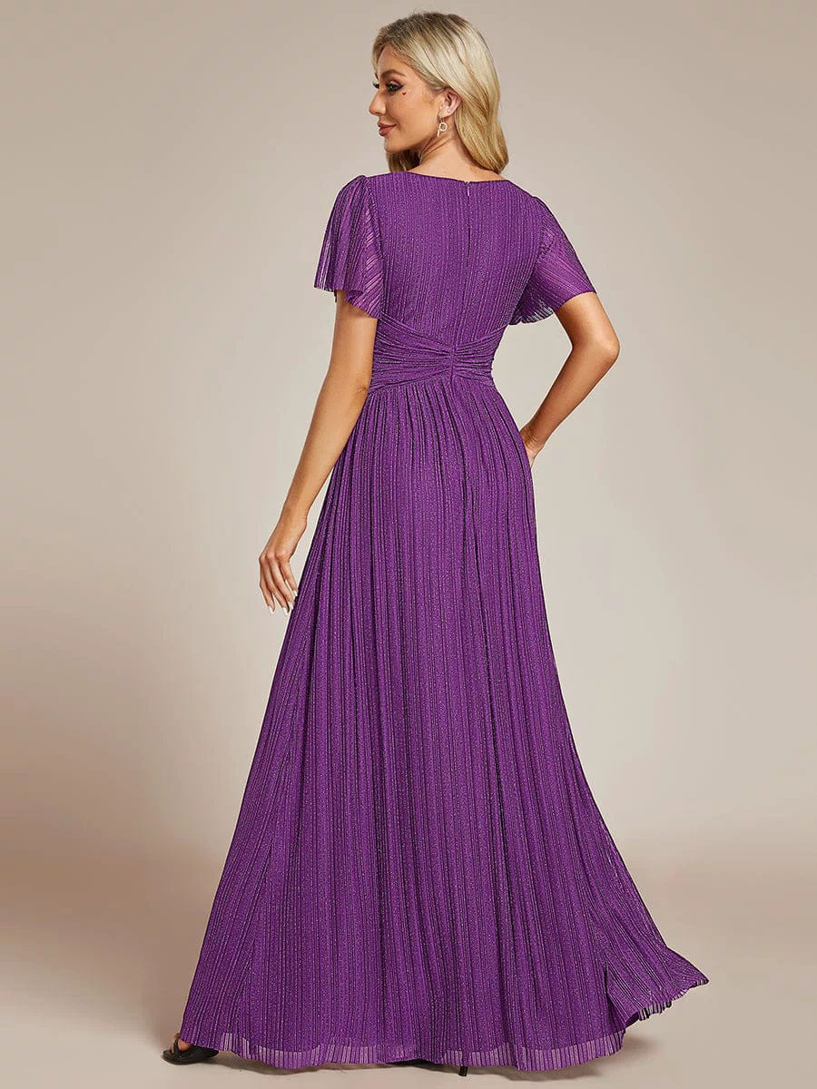 V-Neck Glittery Short Sleeves Formal Evening Dress with Empire Waist #color_Sparkling Grape