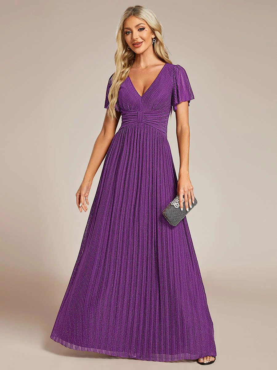 V-Neck Glittery Short Sleeves Formal Evening Dress with Empire Waist #color_Sparkling Grape