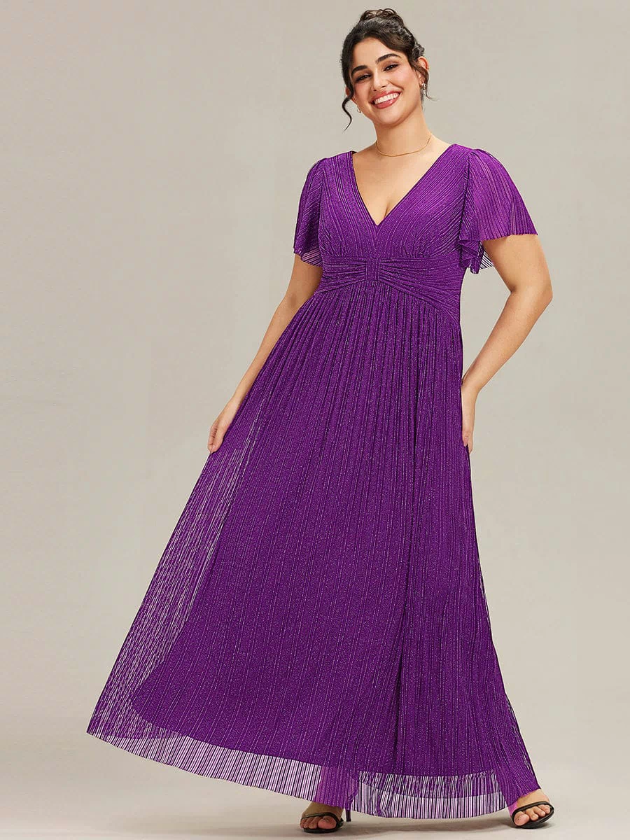 V-Neck Glittery Short Sleeves Formal Evening Dress with Empire Waist #color_Sparkling Grape
