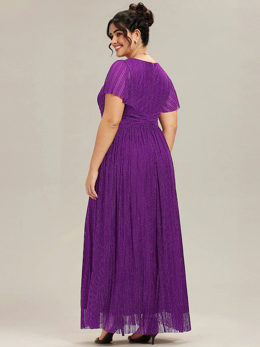 V-Neck Glittery Short Sleeves Formal Evening Dress with Empire Waist #color_Sparkling Grape