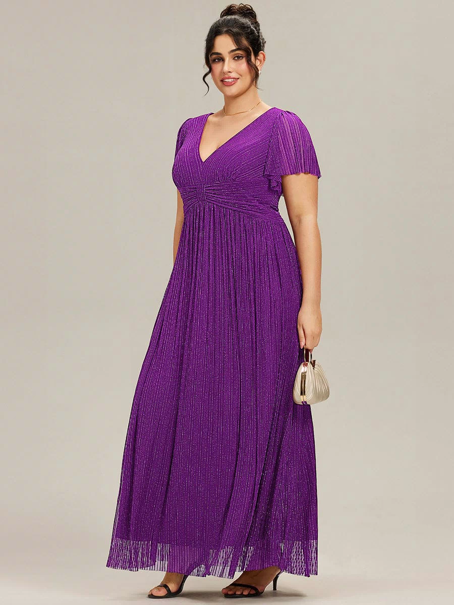 V-Neck Glittery Short Sleeves Formal Evening Dress with Empire Waist #color_Sparkling Grape