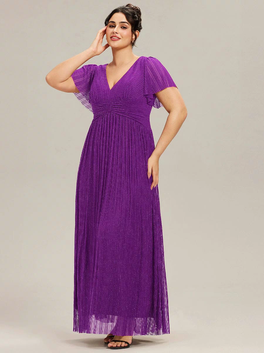 V-Neck Glittery Short Sleeves Formal Evening Dress with Empire Waist #color_Sparkling Grape