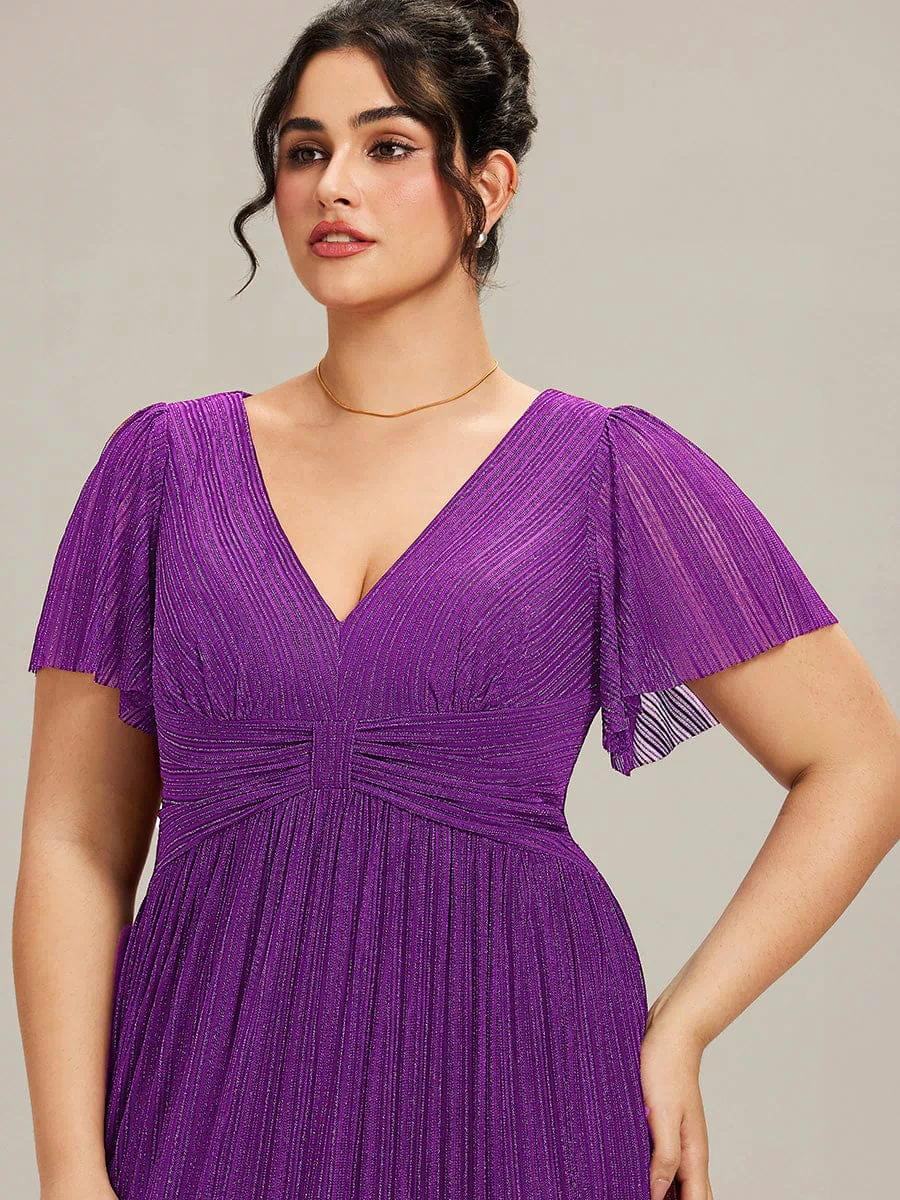 V-Neck Glittery Short Sleeves Formal Evening Dress with Empire Waist #color_Sparkling Grape
