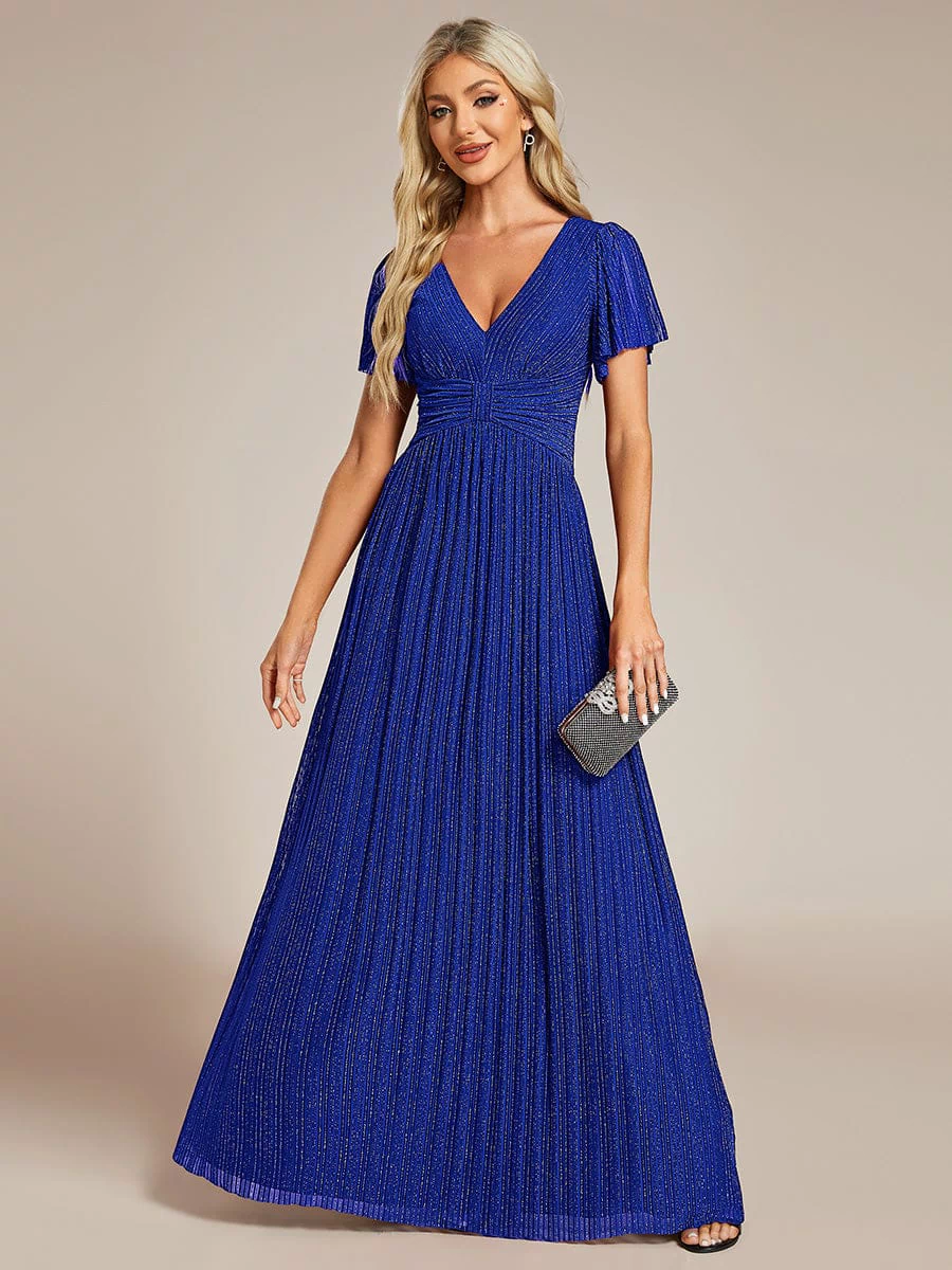 V-Neck Glittery Short Sleeves Formal Evening Dress with Empire Waist #color_Sapphire Blue