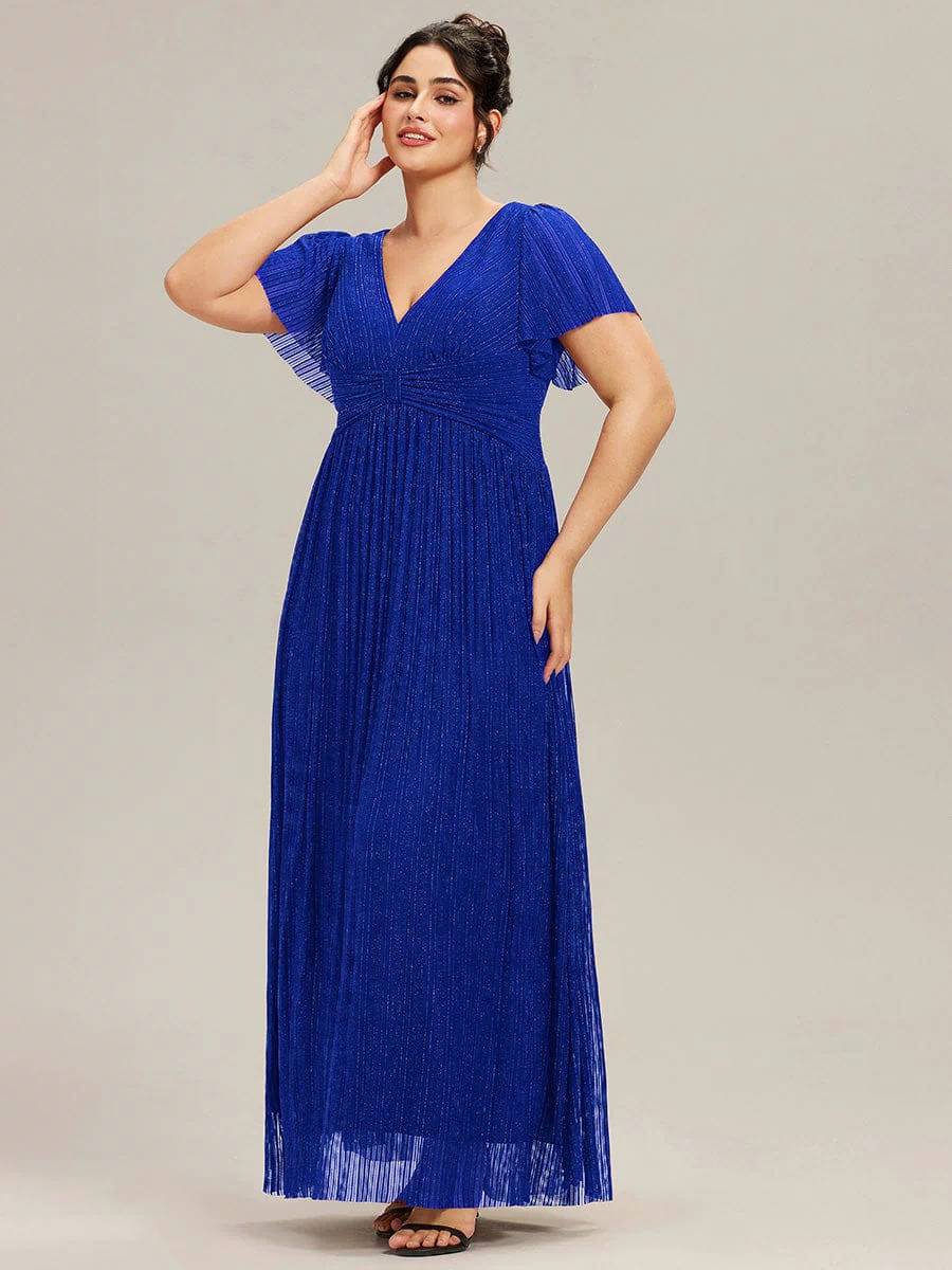 V-Neck Glittery Short Sleeves Formal Evening Dress with Empire Waist #color_Sapphire Blue