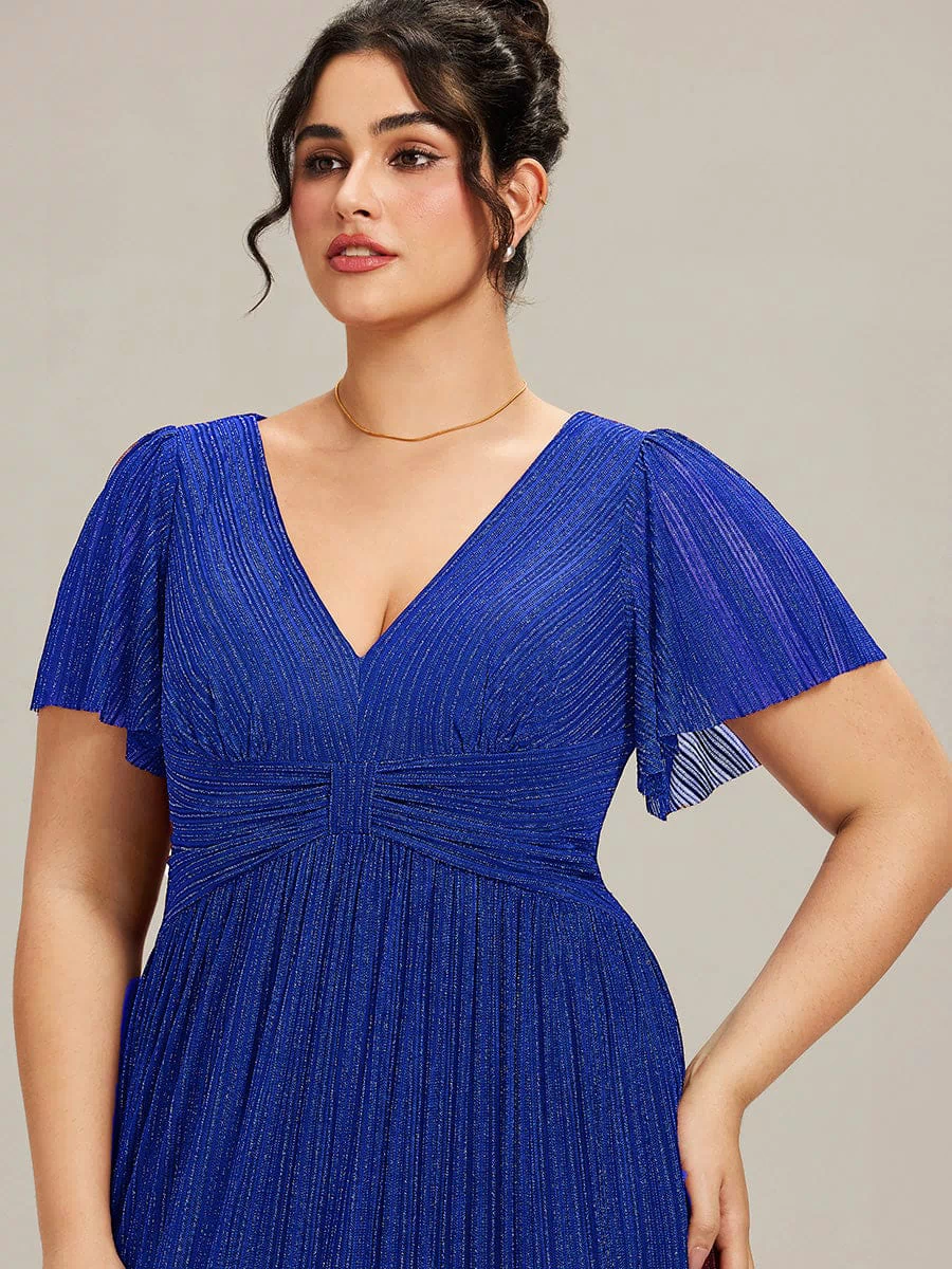V-Neck Glittery Short Sleeves Formal Evening Dress with Empire Waist #color_Sapphire Blue