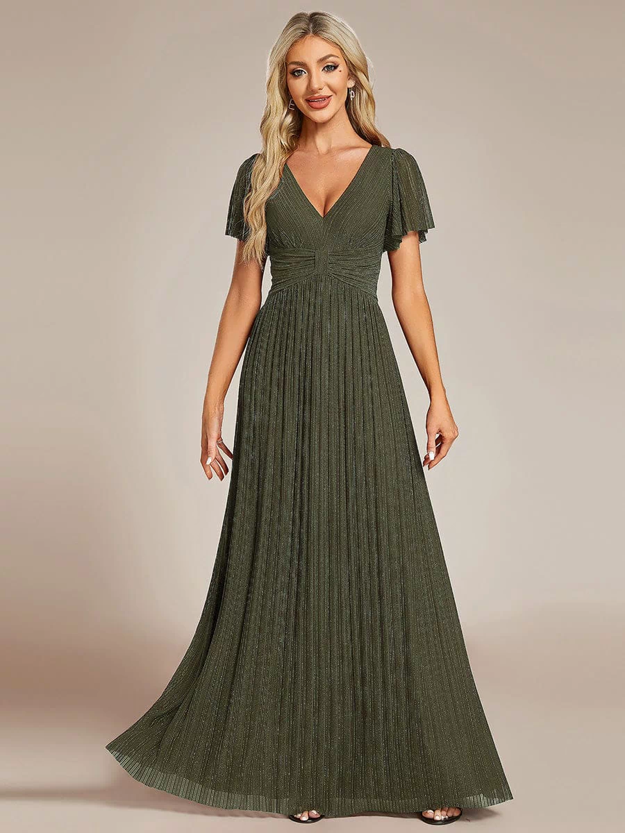 V-Neck Glittery Short Sleeves Formal Evening Dress with Empire Waist #color_Olive Green