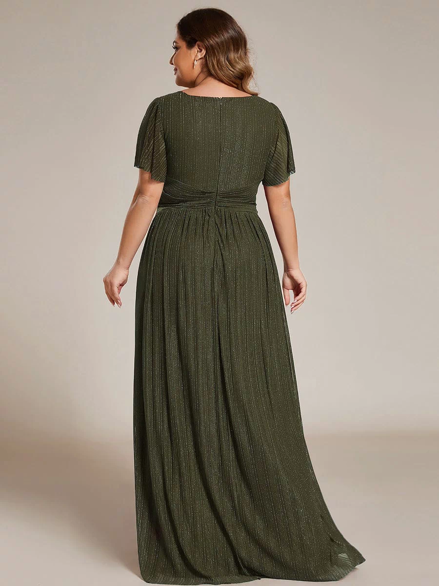V-Neck Glittery Short Sleeves Formal Evening Dress with Empire Waist #color_Olive Green