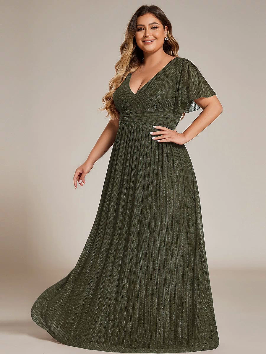 V-Neck Glittery Short Sleeves Formal Evening Dress with Empire Waist #color_Olive Green
