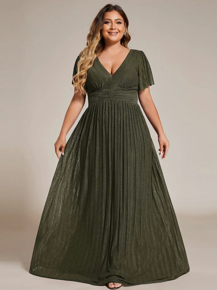 V-Neck Glittery Short Sleeves Formal Evening Dress with Empire Waist #color_Olive Green