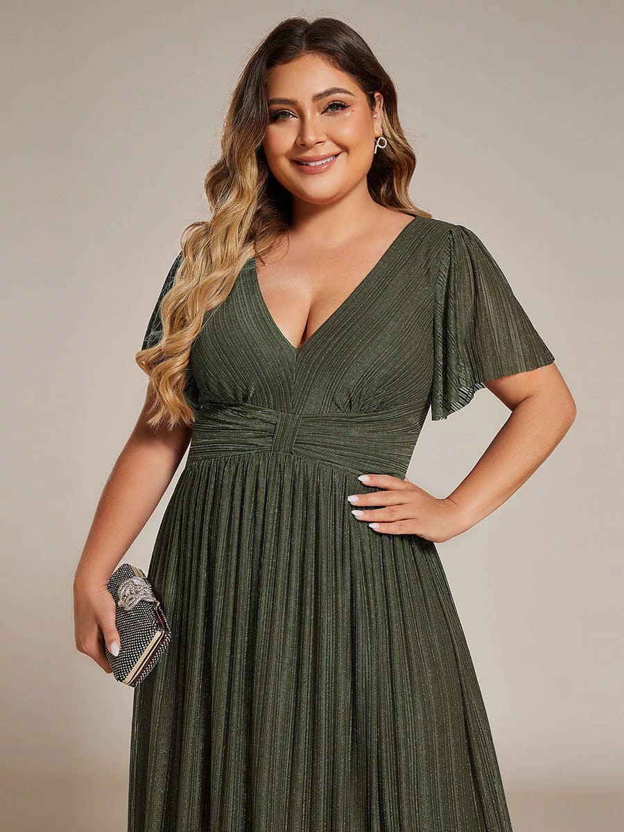 V-Neck Glittery Short Sleeves Formal Evening Dress with Empire Waist #color_Olive Green