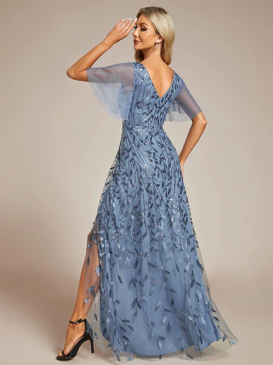V-Neck Sequined Evening Dresses with High Slit #color_Dusty Blue