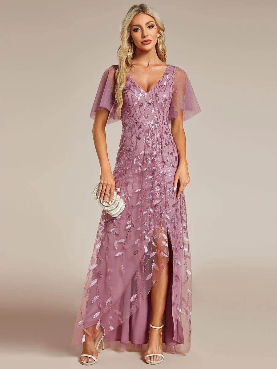 V-Neck Sequined Evening Dresses with High Slit #color_Purple Orchid