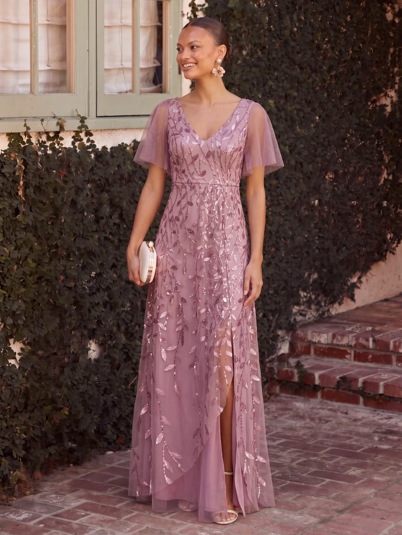 V-Neck Sequined Evening Dresses with High Slit #color_Purple Orchid